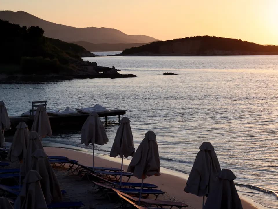 Clear shallow water and small islands off Ksamil on the Albanian Riviera