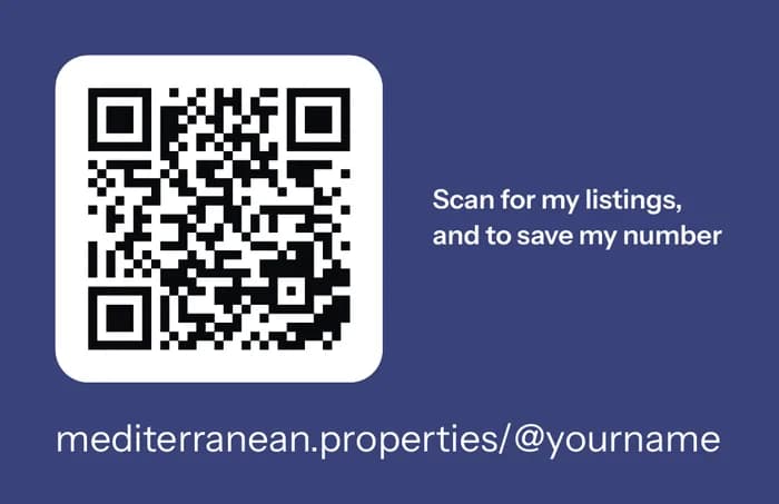 The back of the sample business card: a QR code to the agent's listings